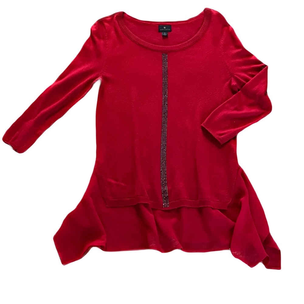 Worthington Tunic Sweater Top, Sz. S, Christmas Red w/ Hematite Beads